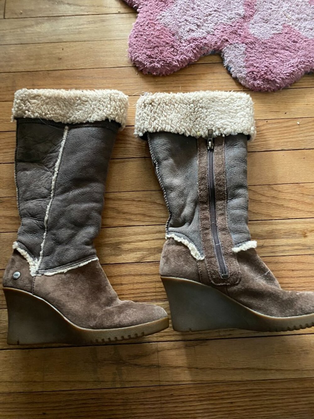UGG Sandra Brown Suede & Leather Shearling Lining Wedge Boots - Size 6